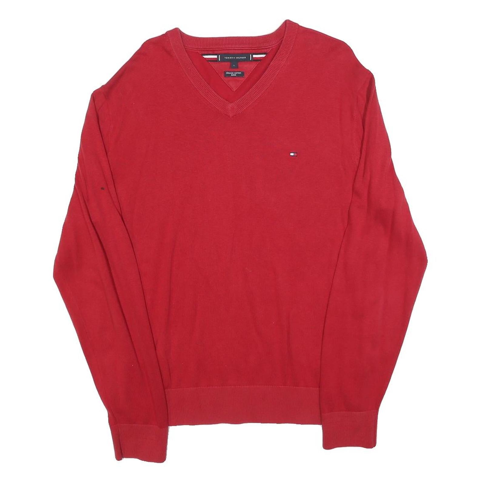 TOMMY HILFIGER Mens Red Pullover Plain V-Neck Basic Knit Jumper L Cotton Blend