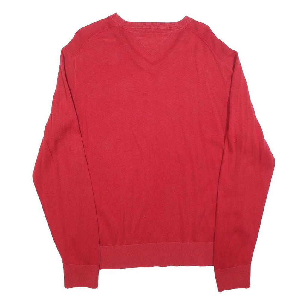 TOMMY HILFIGER Mens Red Pullover Plain V-Neck Basic Knit Jumper L Cotton Blend