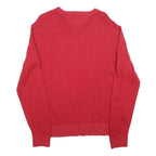 TOMMY HILFIGER Mens Red Pullover Plain V-Neck Basic Knit Jumper L Cotton Blend