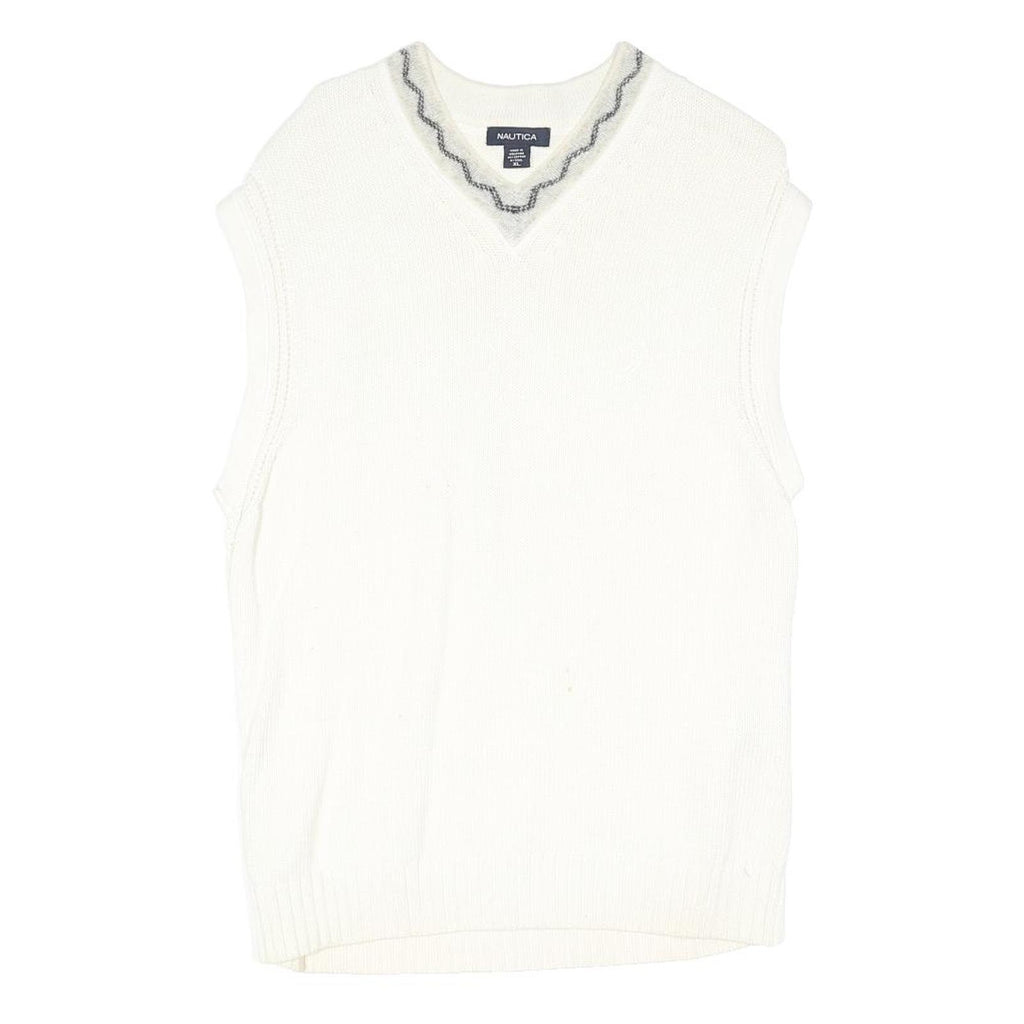 NAUTICA Womens White Patterned Wool Pullover V-Neck Cable Knit XL Sleeveless