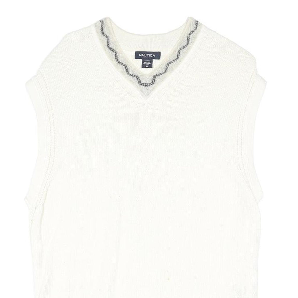 NAUTICA Womens White Patterned Wool Pullover V-Neck Cable Knit XL Sleeveless