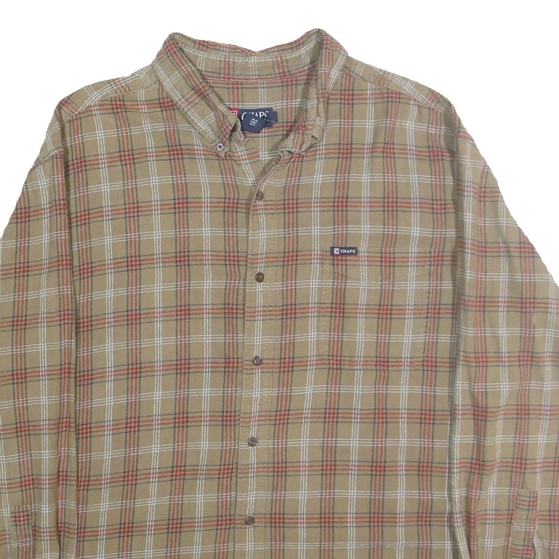 CHAPS Mens Beige & Red Checked Cotton Shirt 2XL Casual Long Sleeve Button-Up
