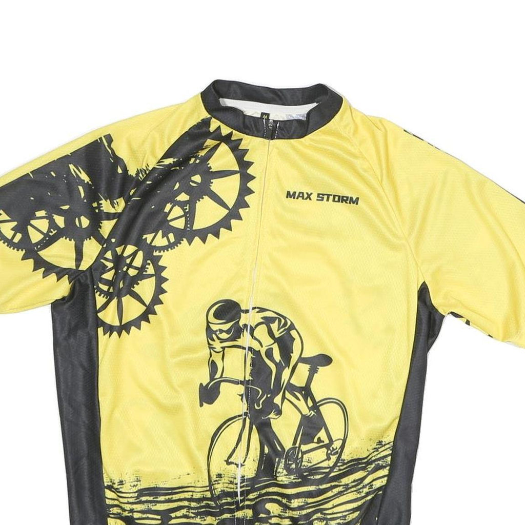 Mens Yellow Black Cycling Graphic T-Shirt M Short Sleeve Zip Neck