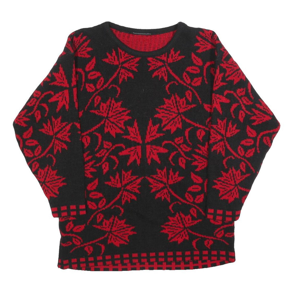 Womens Black & Red Patterned Jumper Round Neck Basic Knit S Elegant Leaf Design