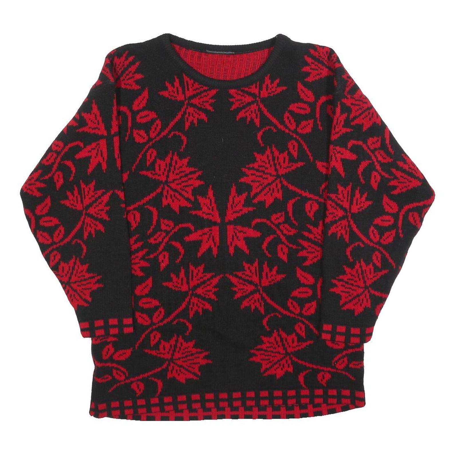 Womens Black & Red Patterned Jumper Round Neck Basic Knit S Elegant Leaf Design