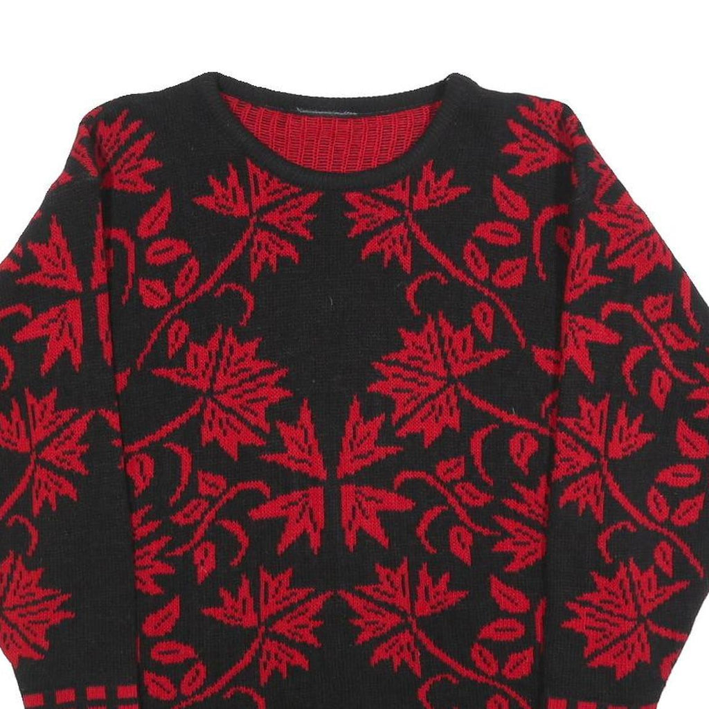 Womens Black & Red Patterned Jumper Round Neck Basic Knit S Elegant Leaf Design