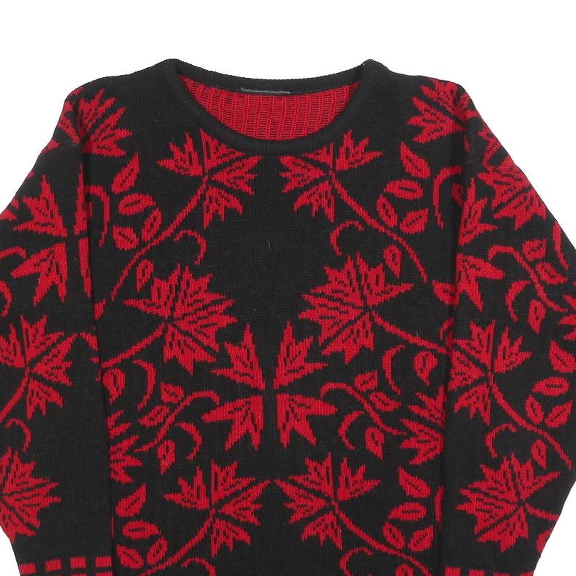 Womens Black & Red Patterned Jumper Round Neck Basic Knit S Elegant Leaf Design