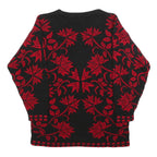 Womens Black & Red Patterned Jumper Round Neck Basic Knit S Elegant Leaf Design