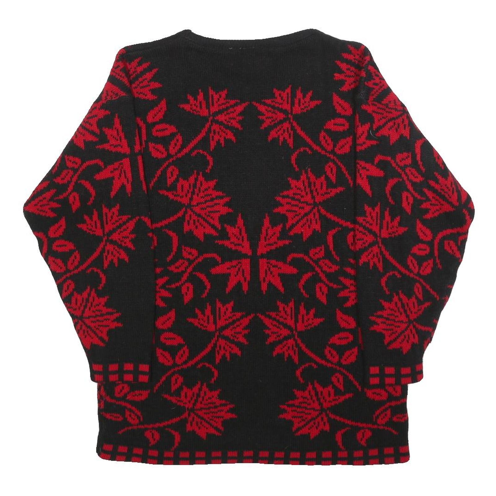 Womens Black & Red Patterned Jumper Round Neck Basic Knit S Elegant Leaf Design