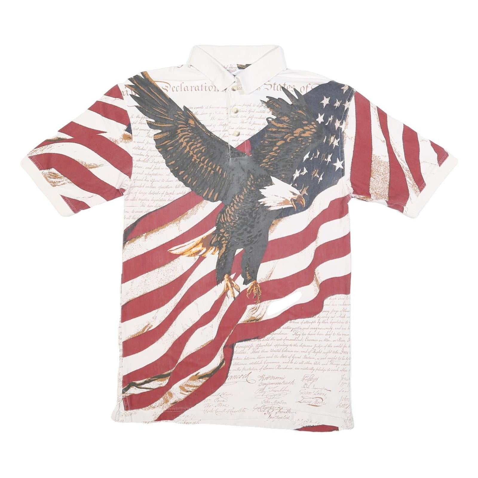 AMERICAN SUMMER Mens White & Red Eagle Print Short Sleeve Polo Shirt S Cotton