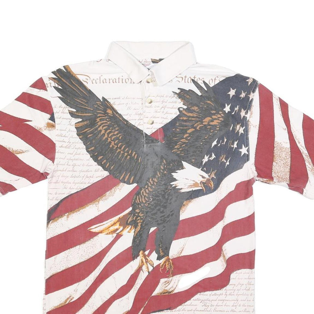 AMERICAN SUMMER Mens White & Red Eagle Print Short Sleeve Polo Shirt S Cotton