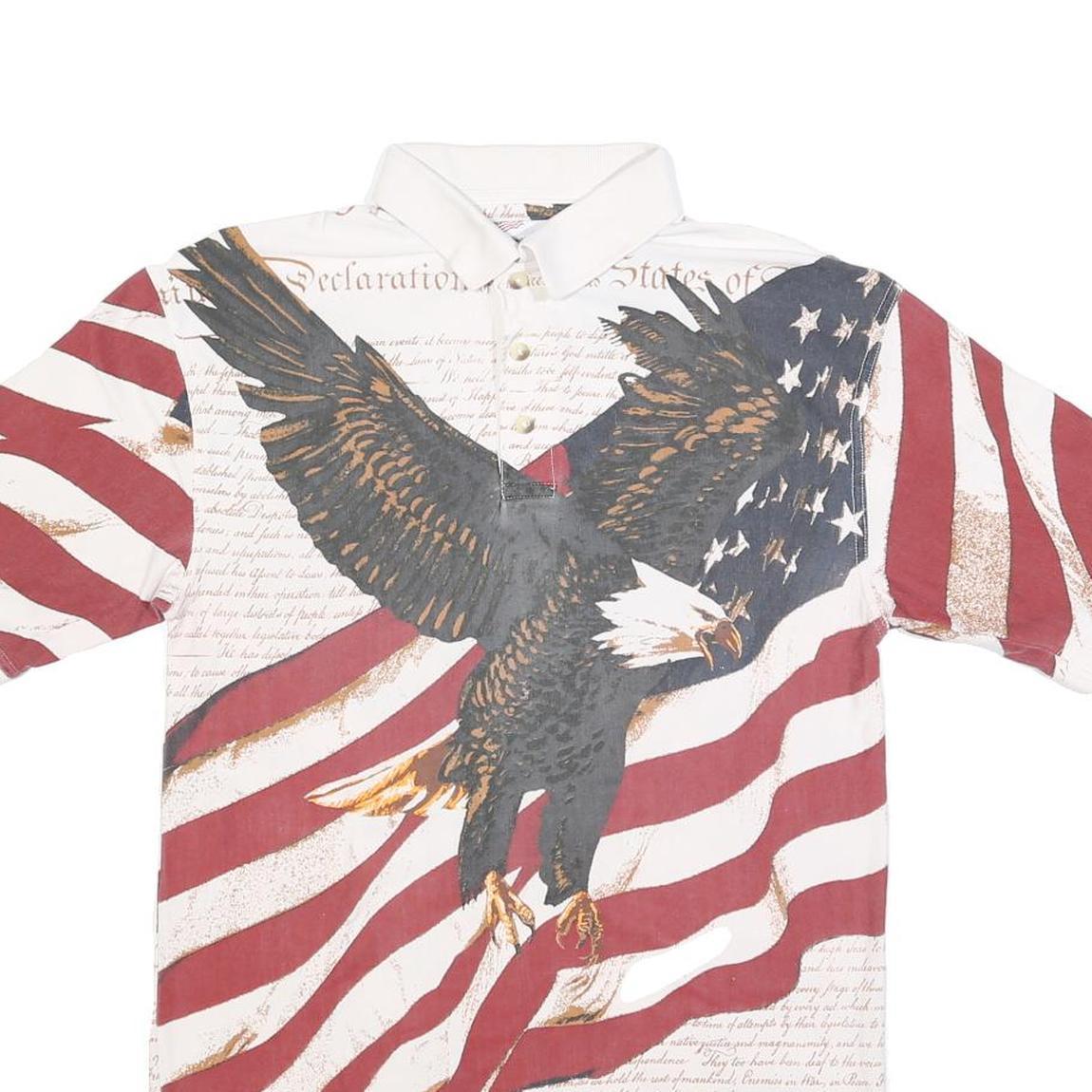 AMERICAN SUMMER Mens White & Red Eagle Print Short Sleeve Polo Shirt S Cotton