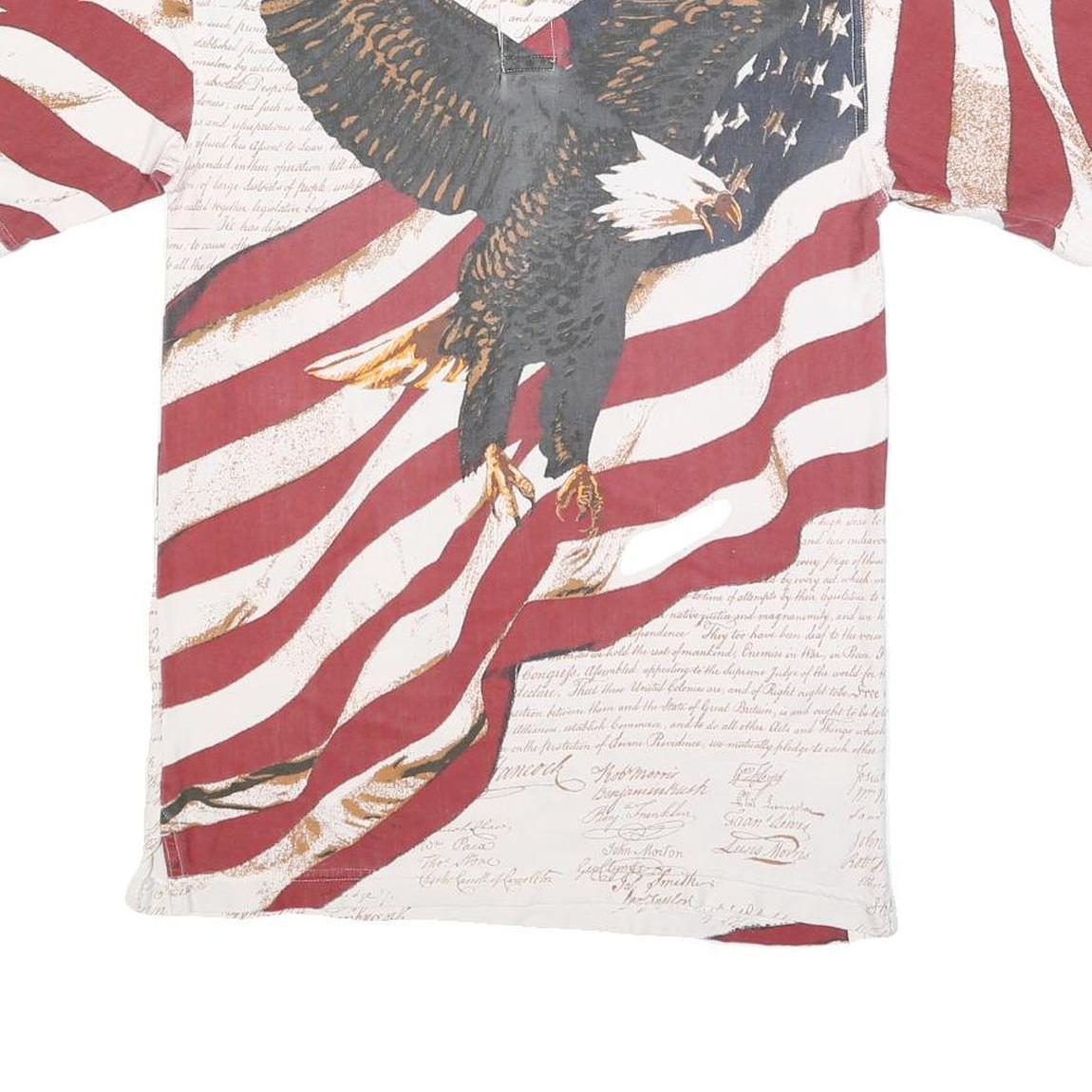 AMERICAN SUMMER Mens White & Red Eagle Print Short Sleeve Polo Shirt S Cotton