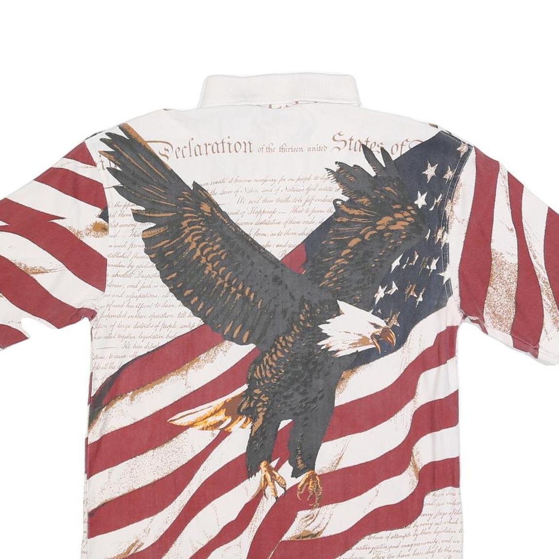 AMERICAN SUMMER Mens White & Red Eagle Print Short Sleeve Polo Shirt S Cotton