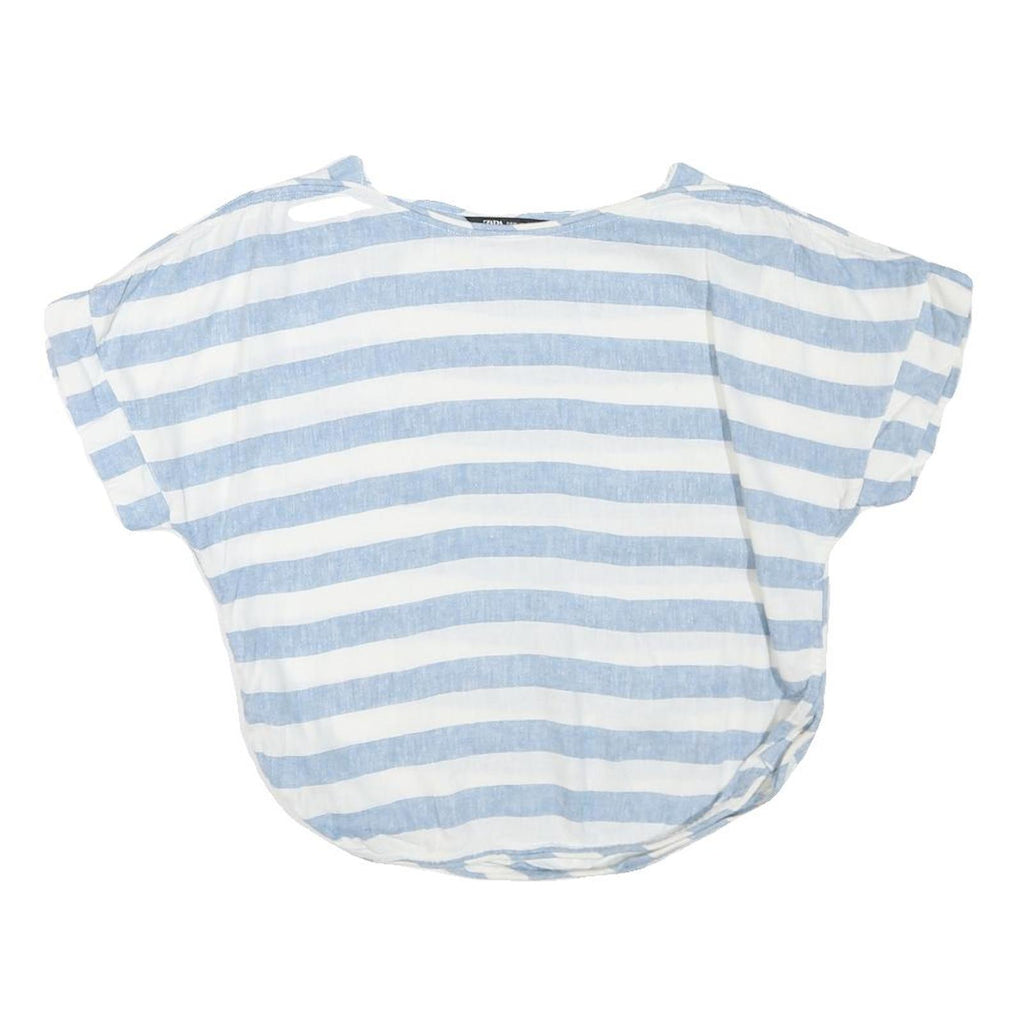 ZARA Womens Blue & White Striped Basic Top Short Sleeve Round Neck XS Casual