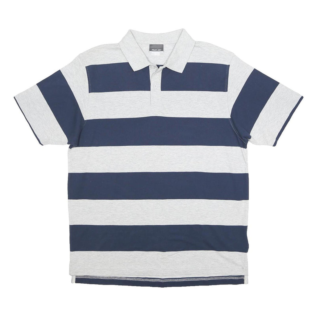 REEBOK Mens Grey & Navy Striped Short Sleeve Polo Shirt L Cotton Casual
