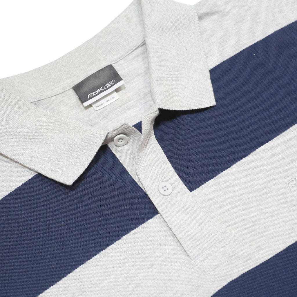 REEBOK Mens Grey & Navy Striped Short Sleeve Polo Shirt L Cotton Casual