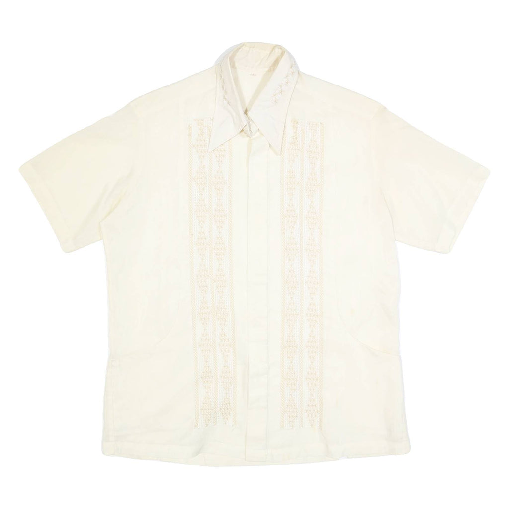 Mens Cream Plain Faux Silk Shirt L Relaxed Fit Short Sleeve Button Collar Satin
