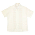 Mens Cream Plain Faux Silk Shirt L Relaxed Fit Short Sleeve Button Collar Satin