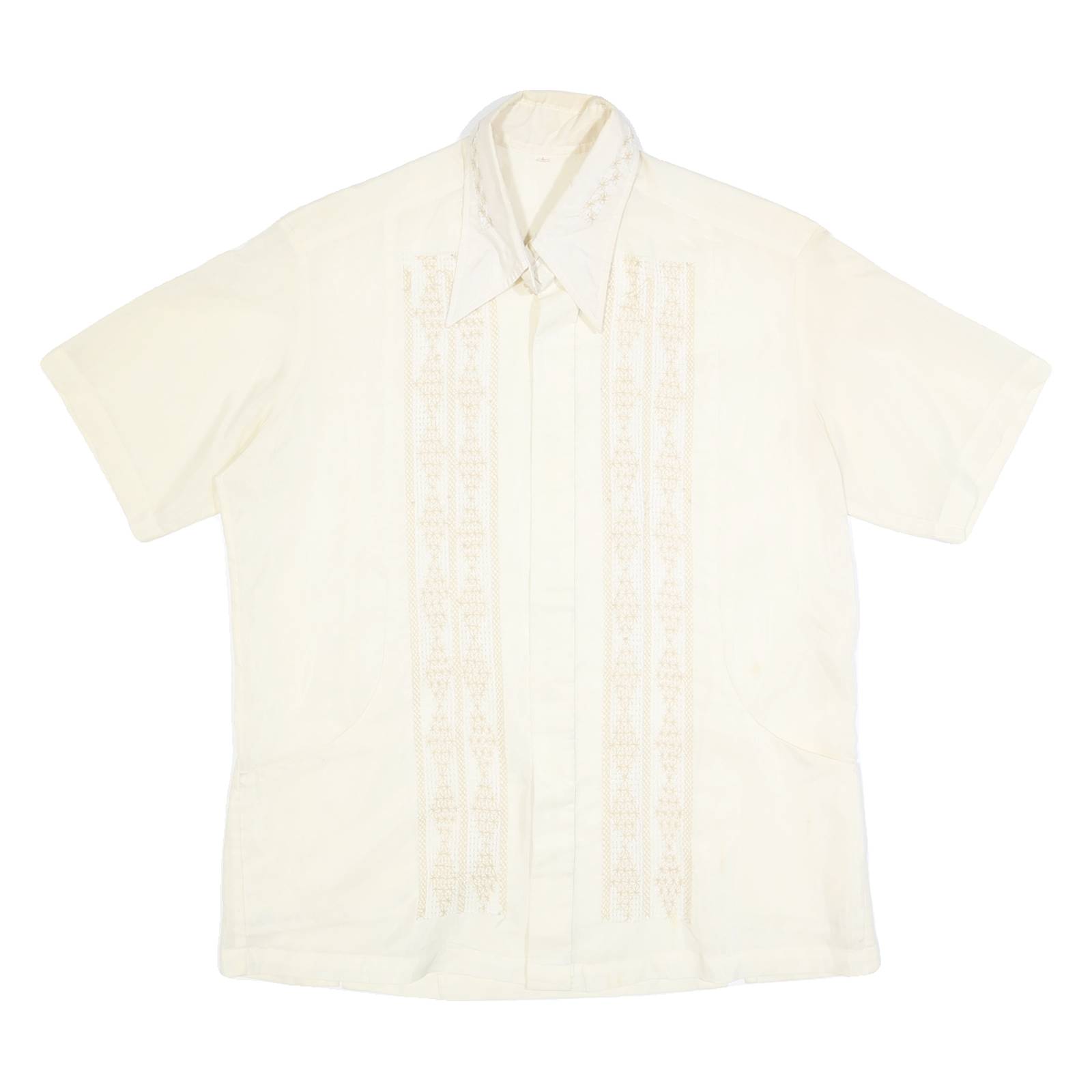 Mens Cream Plain Faux Silk Shirt L Relaxed Fit Short Sleeve Button Collar Satin