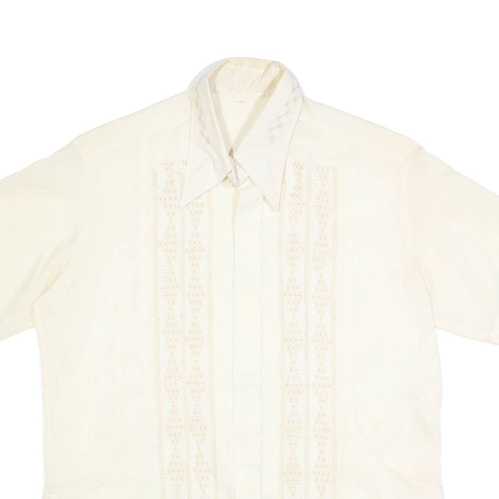 Mens Cream Plain Faux Silk Shirt L Relaxed Fit Short Sleeve Button Collar Satin
