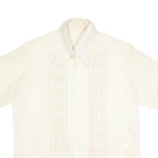 Mens Cream Plain Faux Silk Shirt L Relaxed Fit Short Sleeve Button Collar Satin