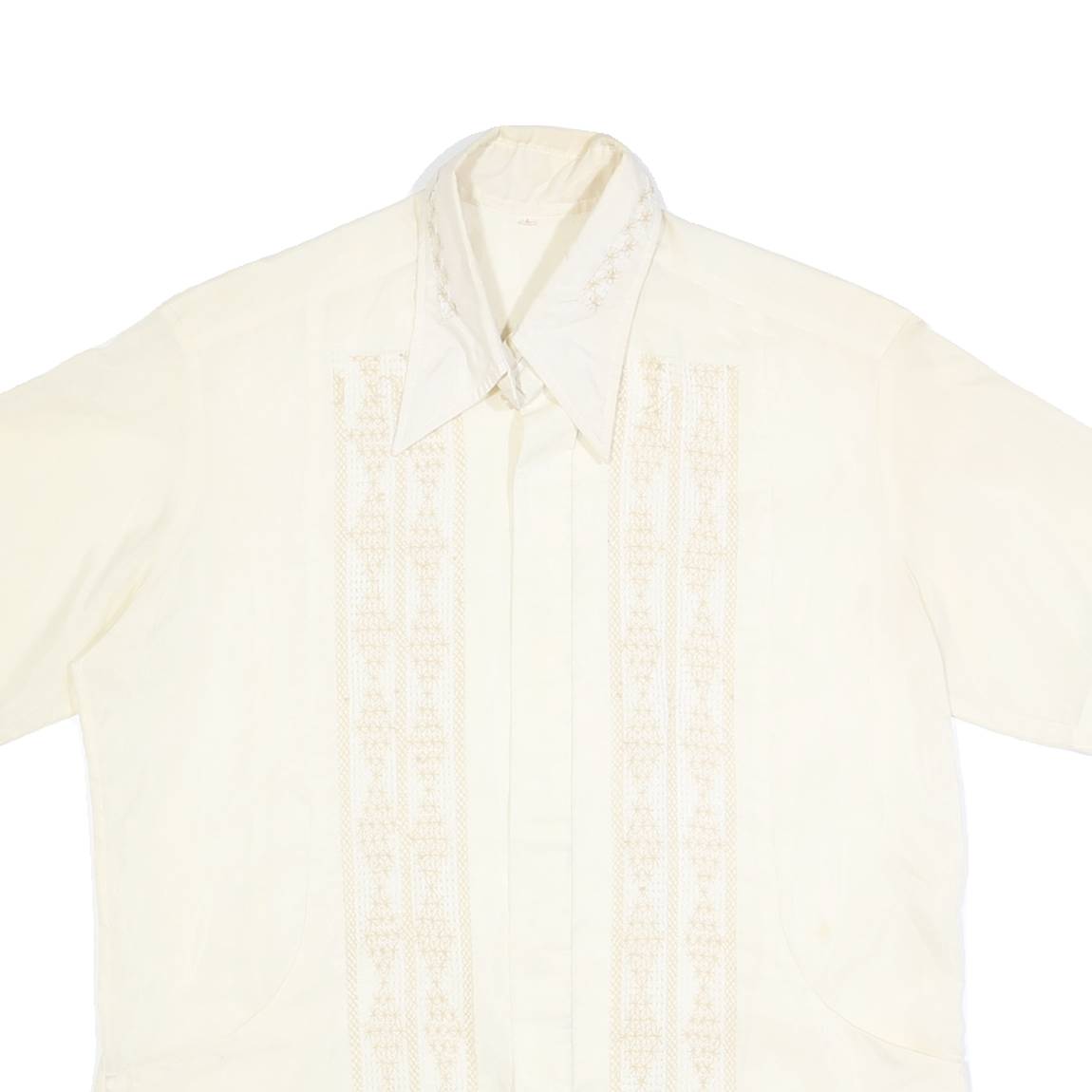 Mens Cream Plain Faux Silk Shirt L Relaxed Fit Short Sleeve Button Collar Satin