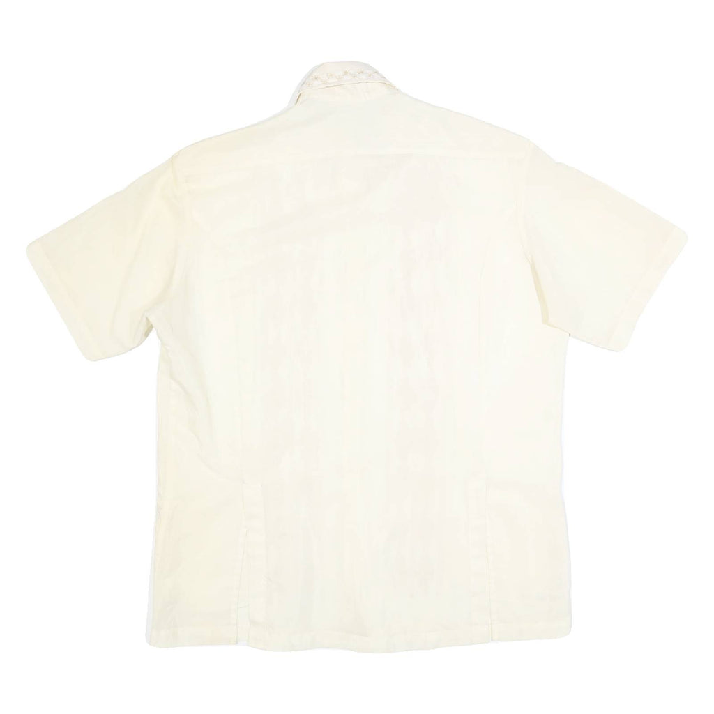 Mens Cream Plain Faux Silk Shirt L Relaxed Fit Short Sleeve Button Collar Satin