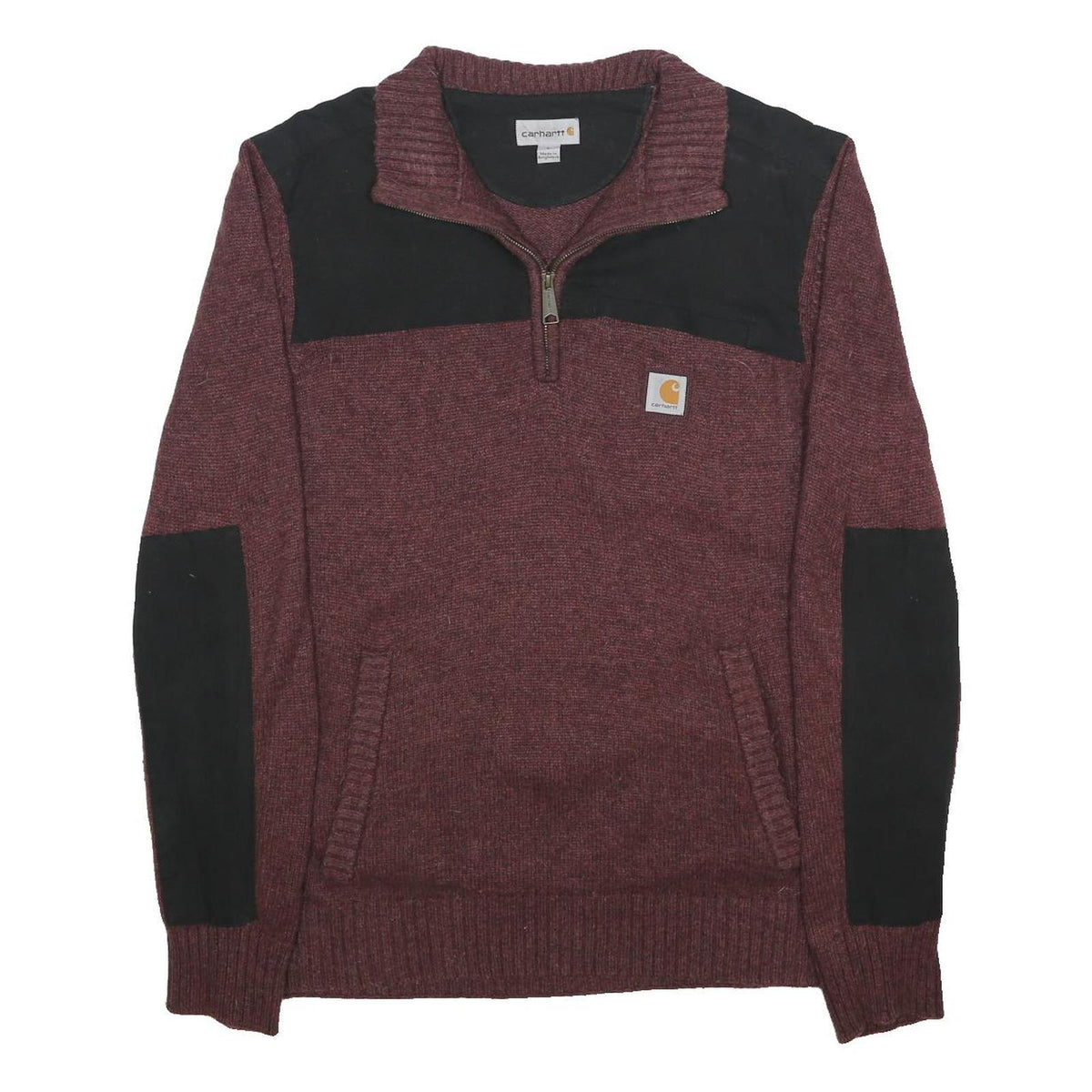 CARHARTT Mens Maroon & Black Patterned Jumper Half Zip Collar Wool Blend L