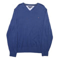 TOMMY HILFIGER Mens Blue Plain V-Neck Basic Knit L Cotton Blend Jumper