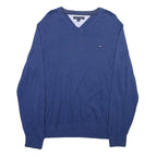 TOMMY HILFIGER Mens Blue Plain V-Neck Basic Knit L Cotton Blend Jumper
