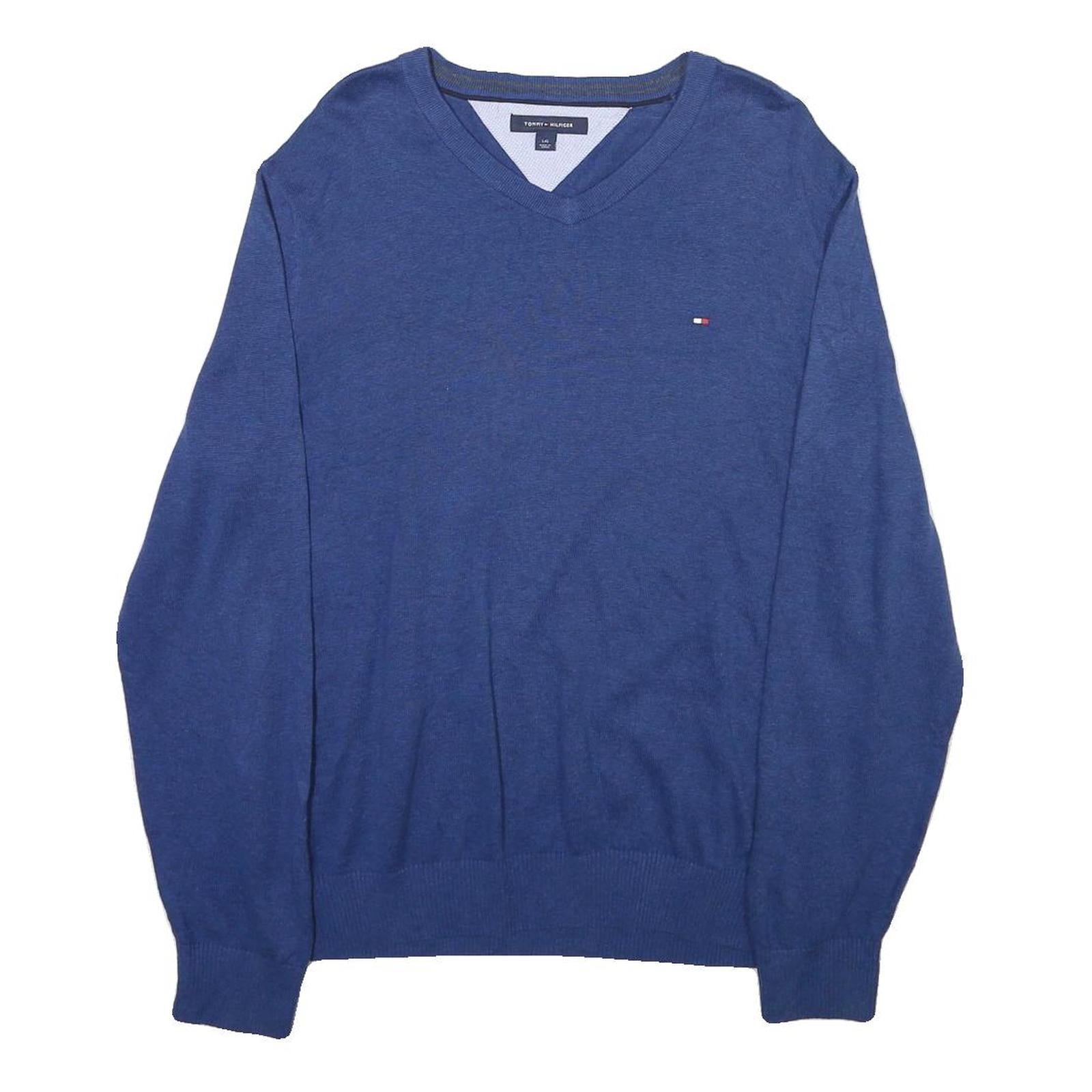 TOMMY HILFIGER Mens Blue Plain V-Neck Basic Knit L Cotton Blend Jumper