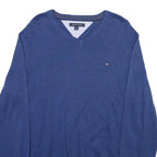 TOMMY HILFIGER Mens Blue Plain V-Neck Basic Knit L Cotton Blend Jumper