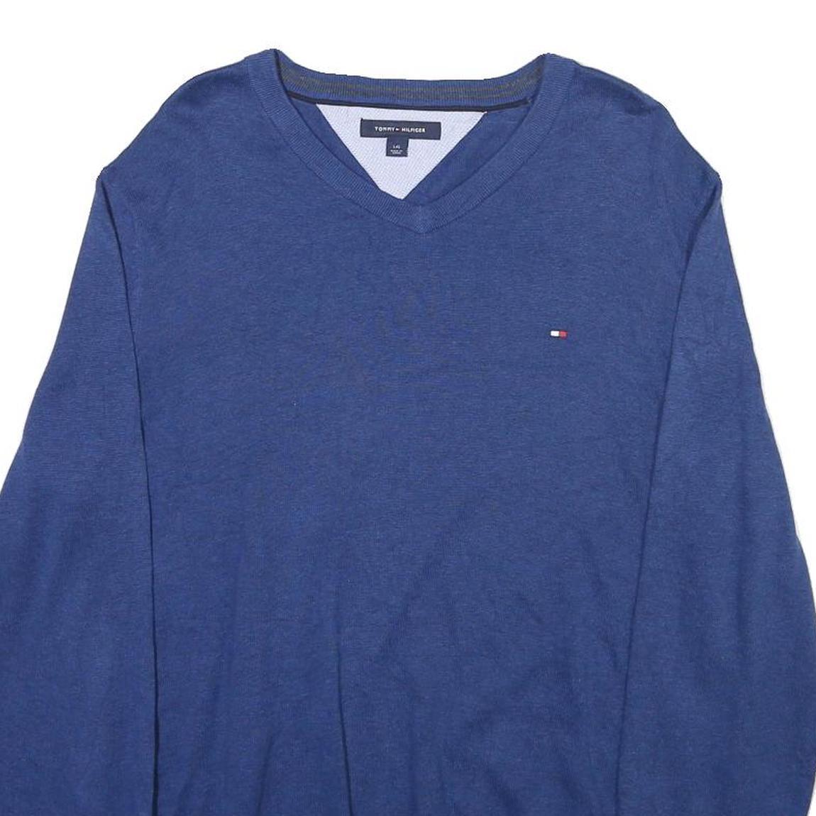 TOMMY HILFIGER Mens Blue Plain V-Neck Basic Knit L Cotton Blend Jumper