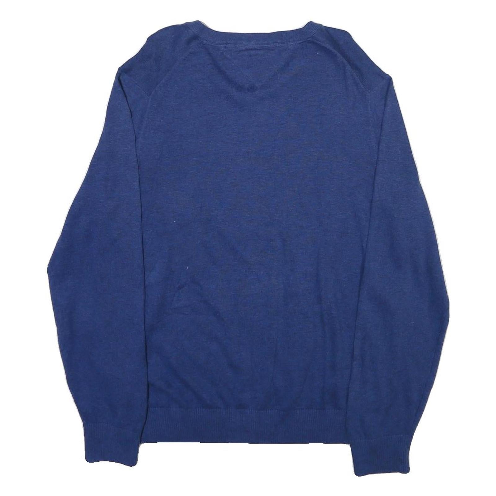 TOMMY HILFIGER Mens Blue Plain V-Neck Basic Knit L Cotton Blend Jumper