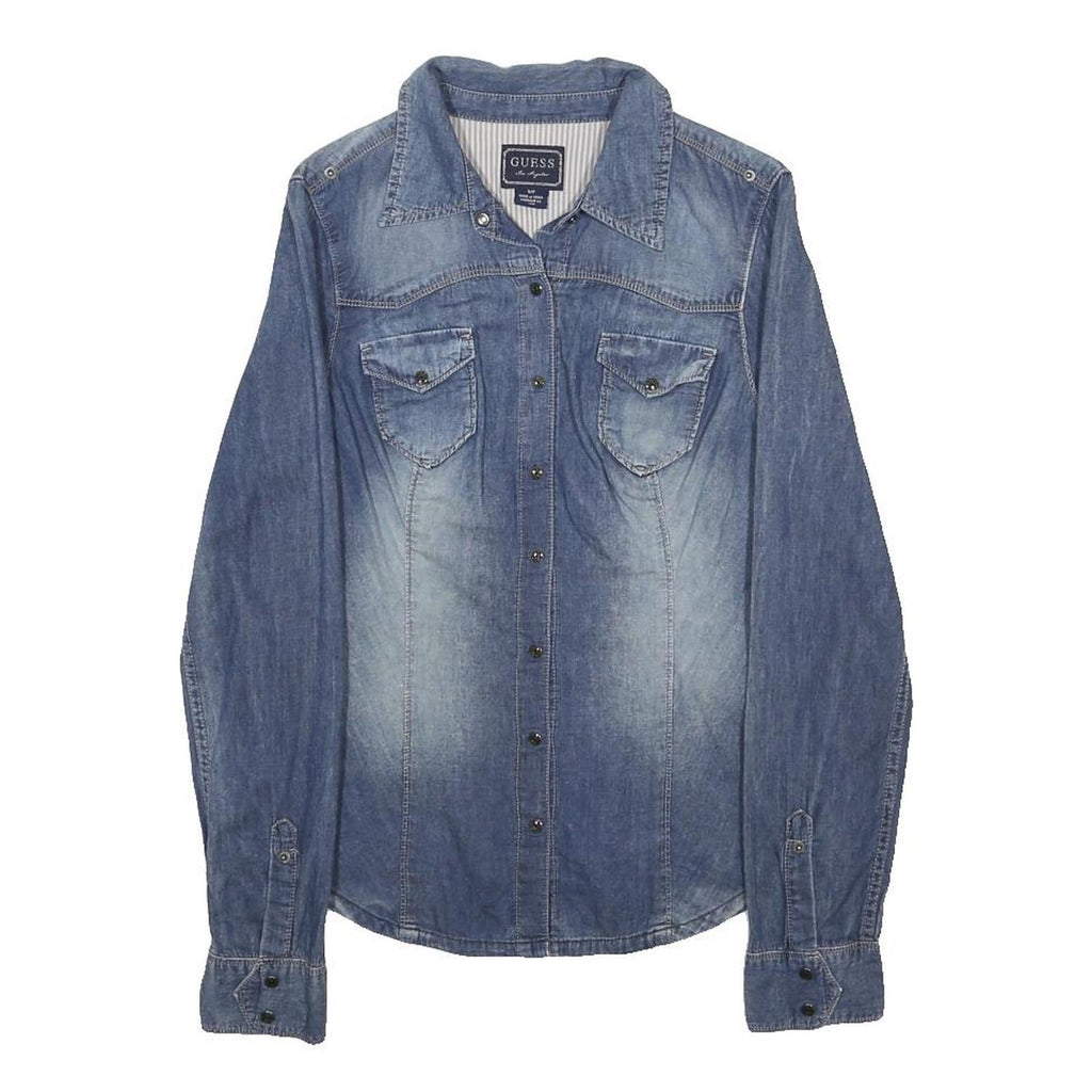 GUESS Womens Blue Denim Shirt S Button Front Casual Lightweight
