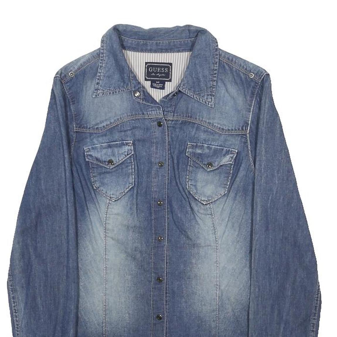 GUESS Womens Blue Denim Shirt S Button Front Casual Lightweight