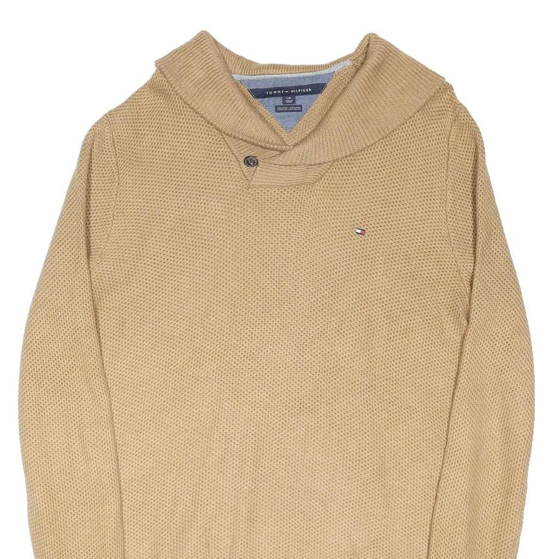 TOMMY HILFIGER Mens Beige Cotton Blend Patterned Shawl Collar Jumper L Cotton