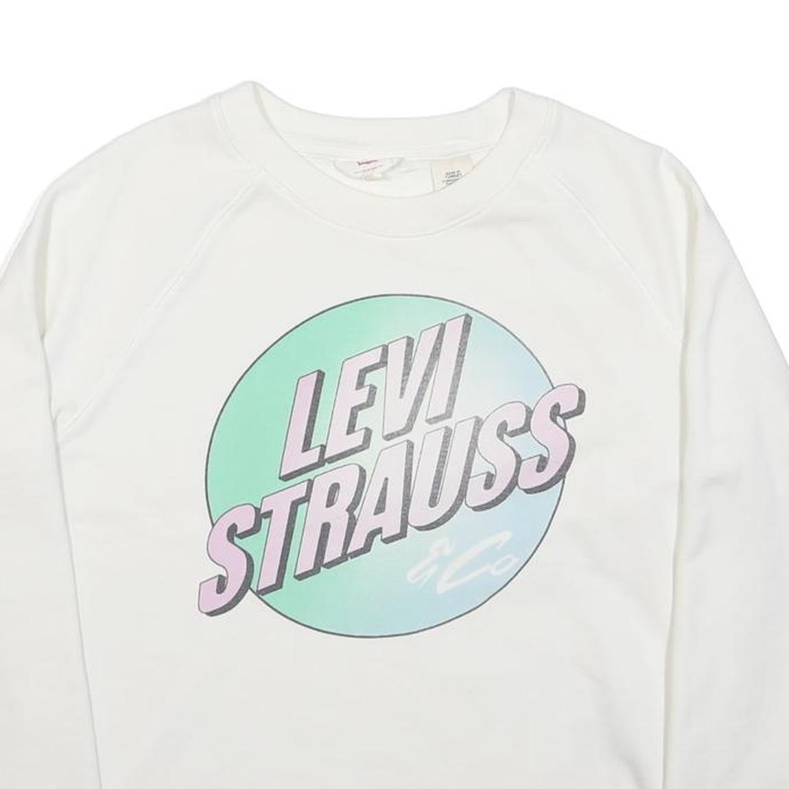 LEVI'S Womens White Cotton Blend Crew Neck XS Sweatshirt Graphic Logo Pullover