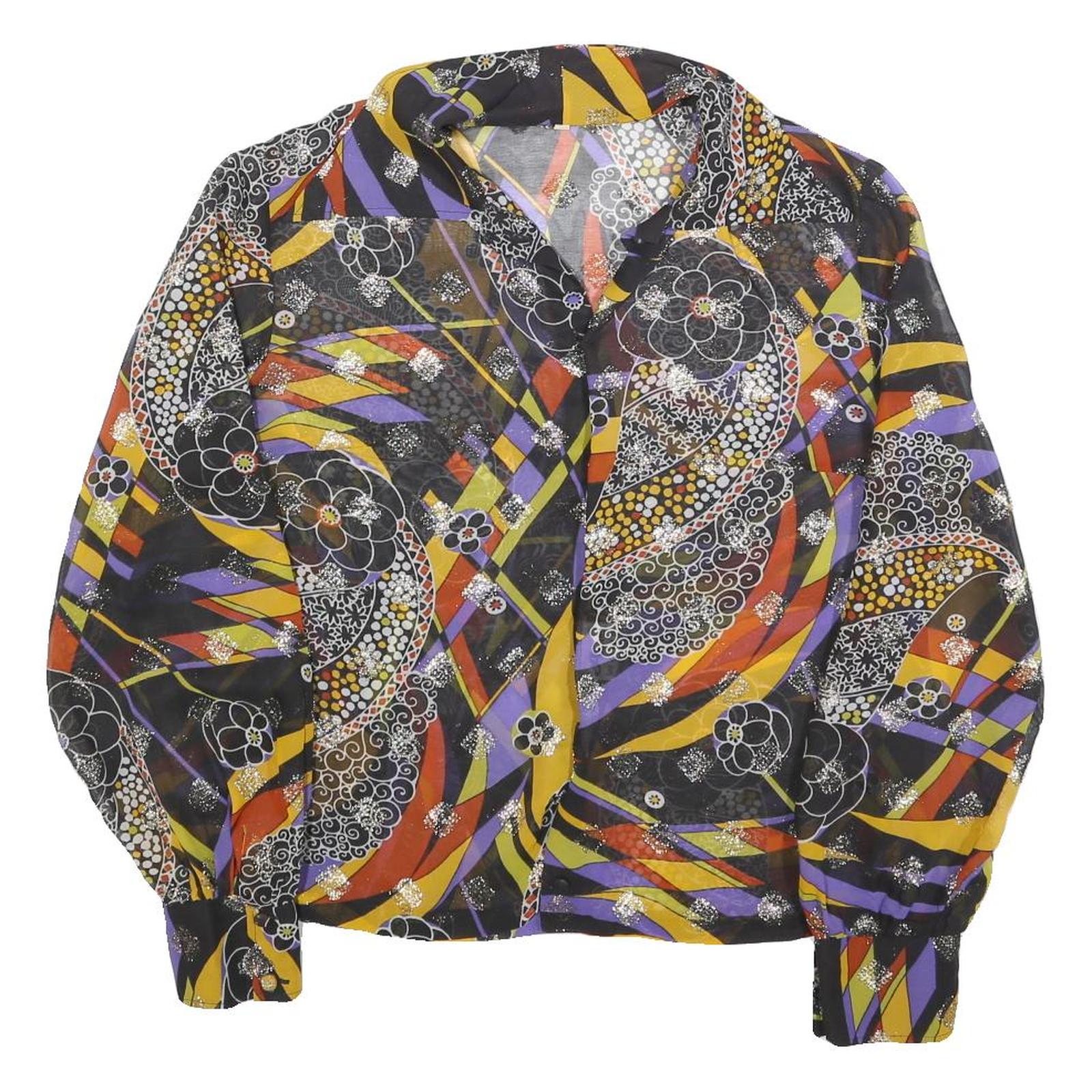 Womens Black Yellow Purple Printed Basic Long Sleeve Collared Shirt M Stylish