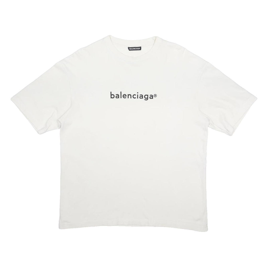 BALENCIAGA Mens White Graphic T-Shirt S Short Sleeve Crew Neck Logo Print Cotton