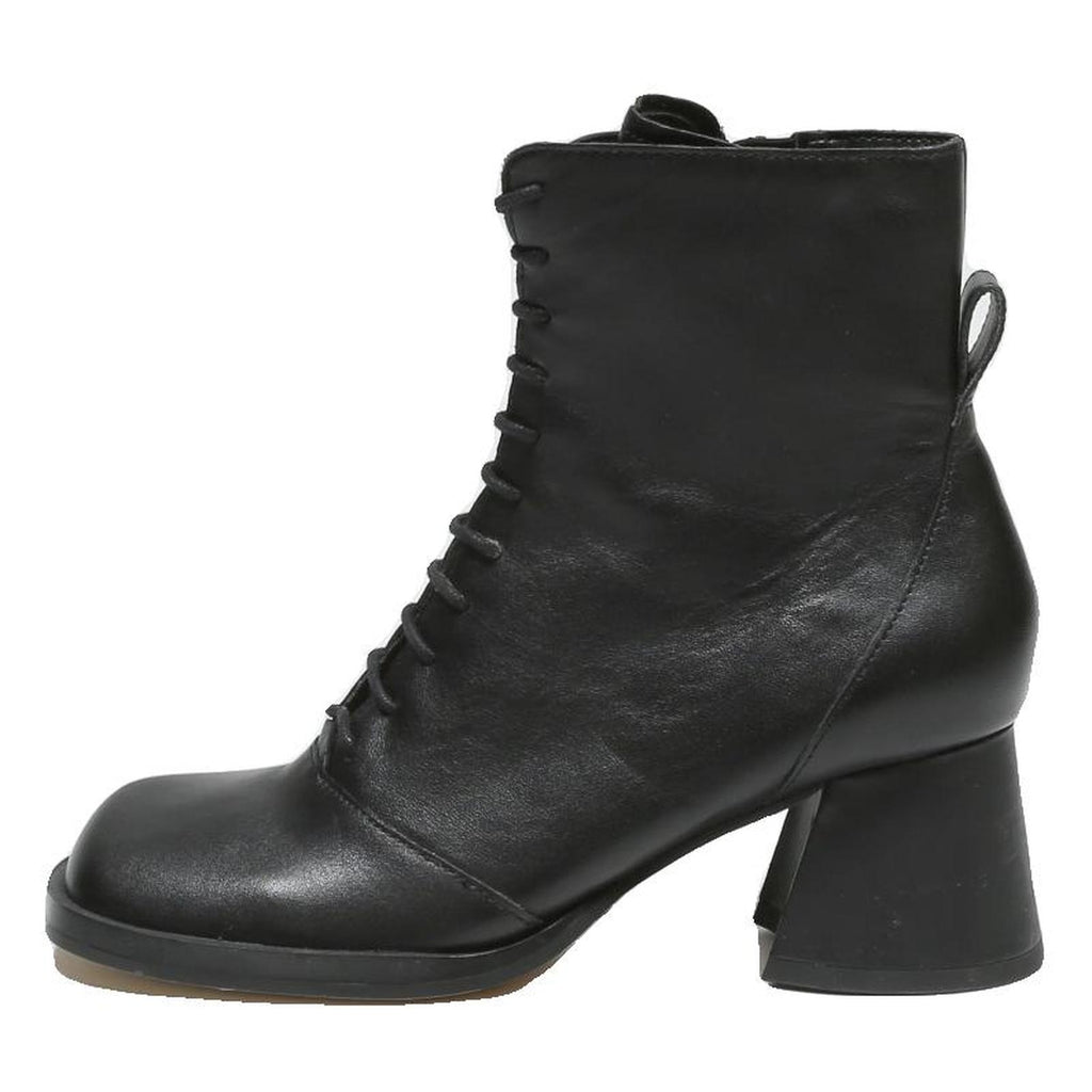 CHARLES & KEITH Womens Black Leather Ankle Boots UK 2 Stylish Heeled Lace-Up