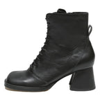 CHARLES & KEITH Womens Black Leather Ankle Boots UK 2 Stylish Heeled Lace-Up