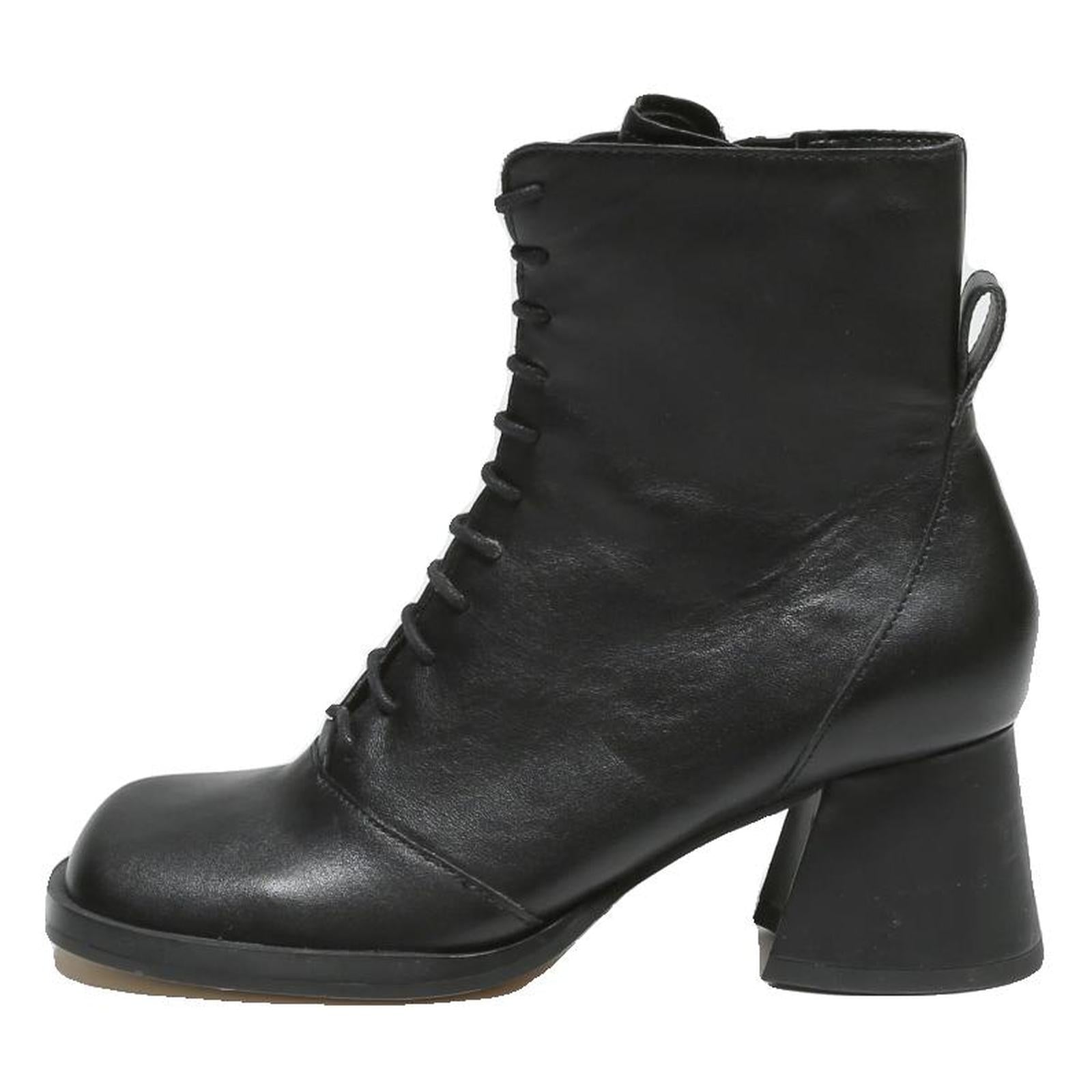 CHARLES & KEITH Womens Black Leather Ankle Boots UK 2 Stylish Heeled Lace-Up
