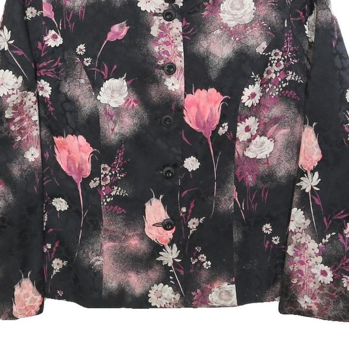 Womens Black Pink Floral Print Button Jacket M Woven Patterned Elegant