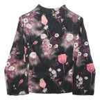 Womens Black Pink Floral Print Button Jacket M Woven Patterned Elegant