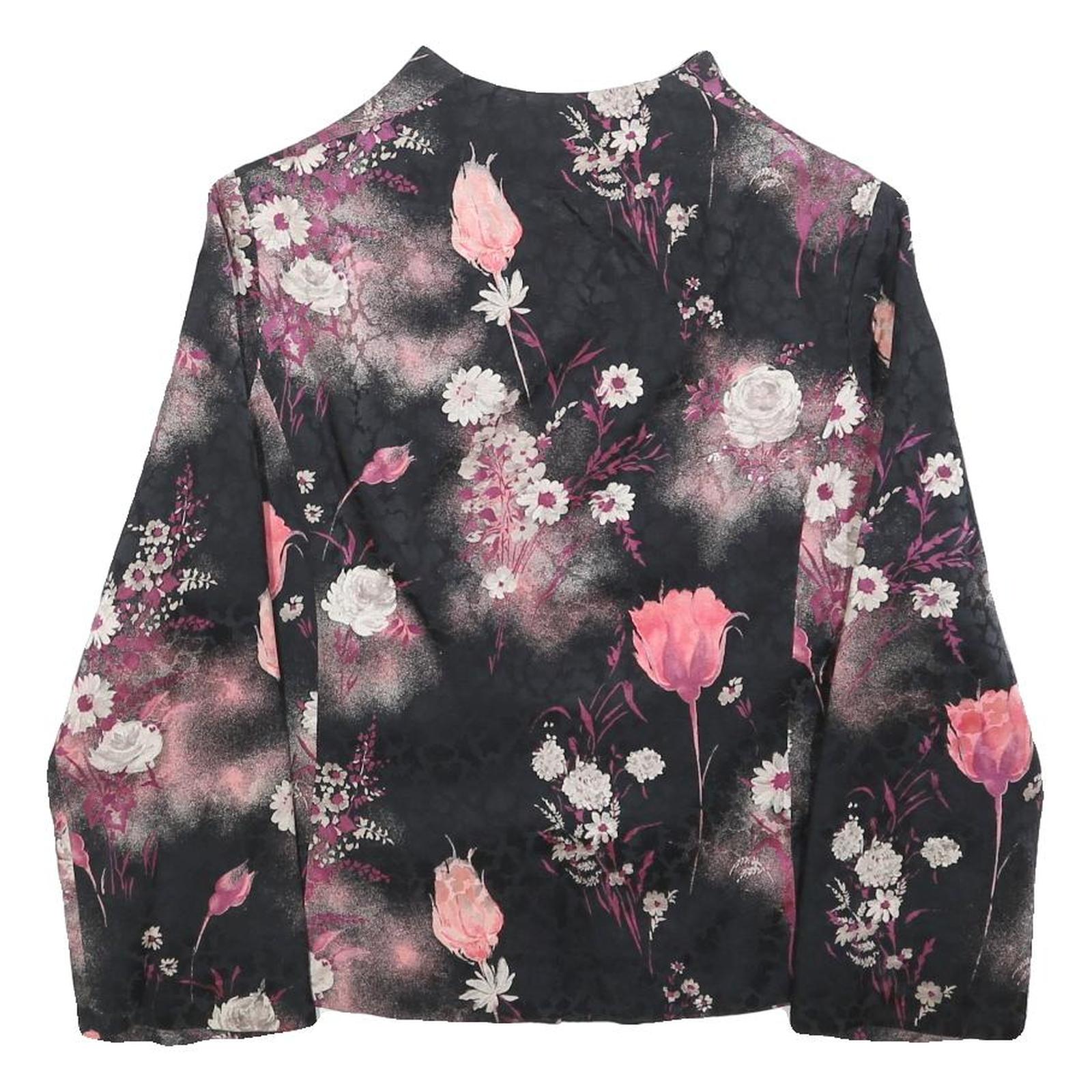 Womens Black Pink Floral Print Button Jacket M Woven Patterned Elegant