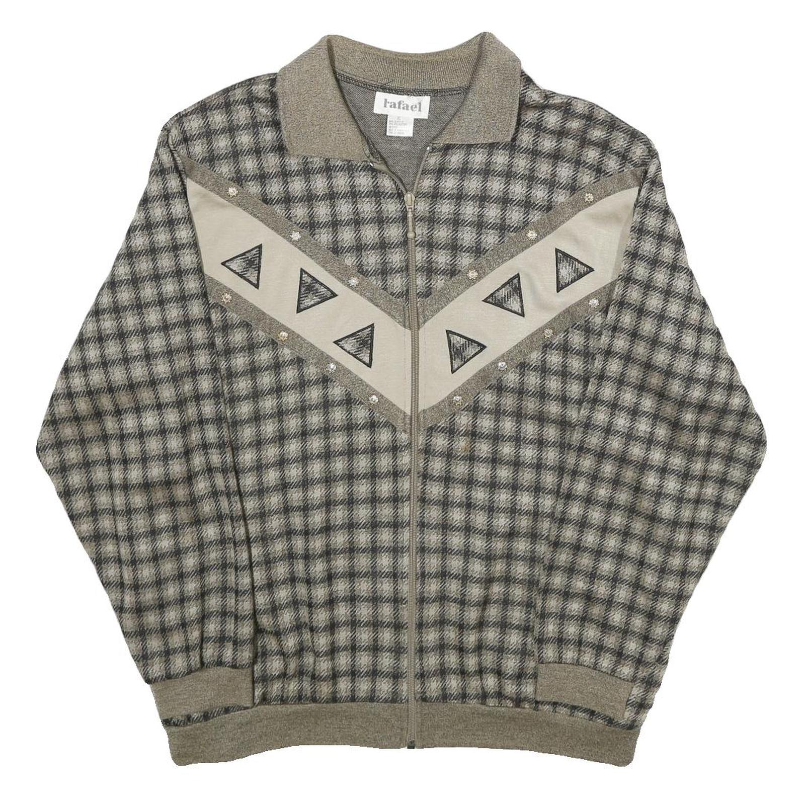 RAFAEL Womens Grey & Cream Checked Zip Jacket XL Acrylic Blend Patterned Casual