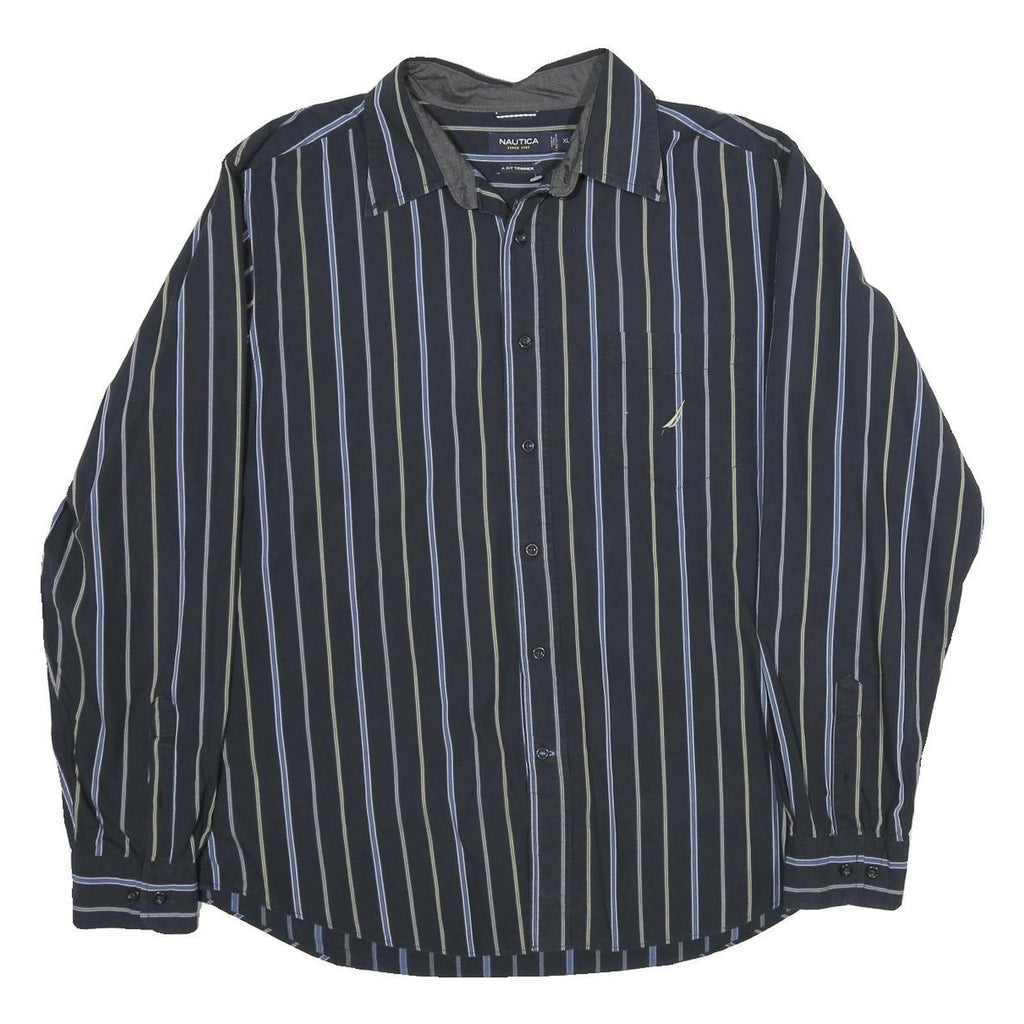 NAUTICA Mens Black & Blue Striped Cotton Shirt XL Classic Fit Button Down