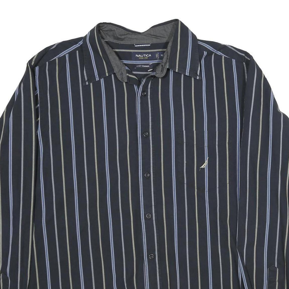 NAUTICA Mens Black & Blue Striped Cotton Shirt XL Classic Fit Button Down